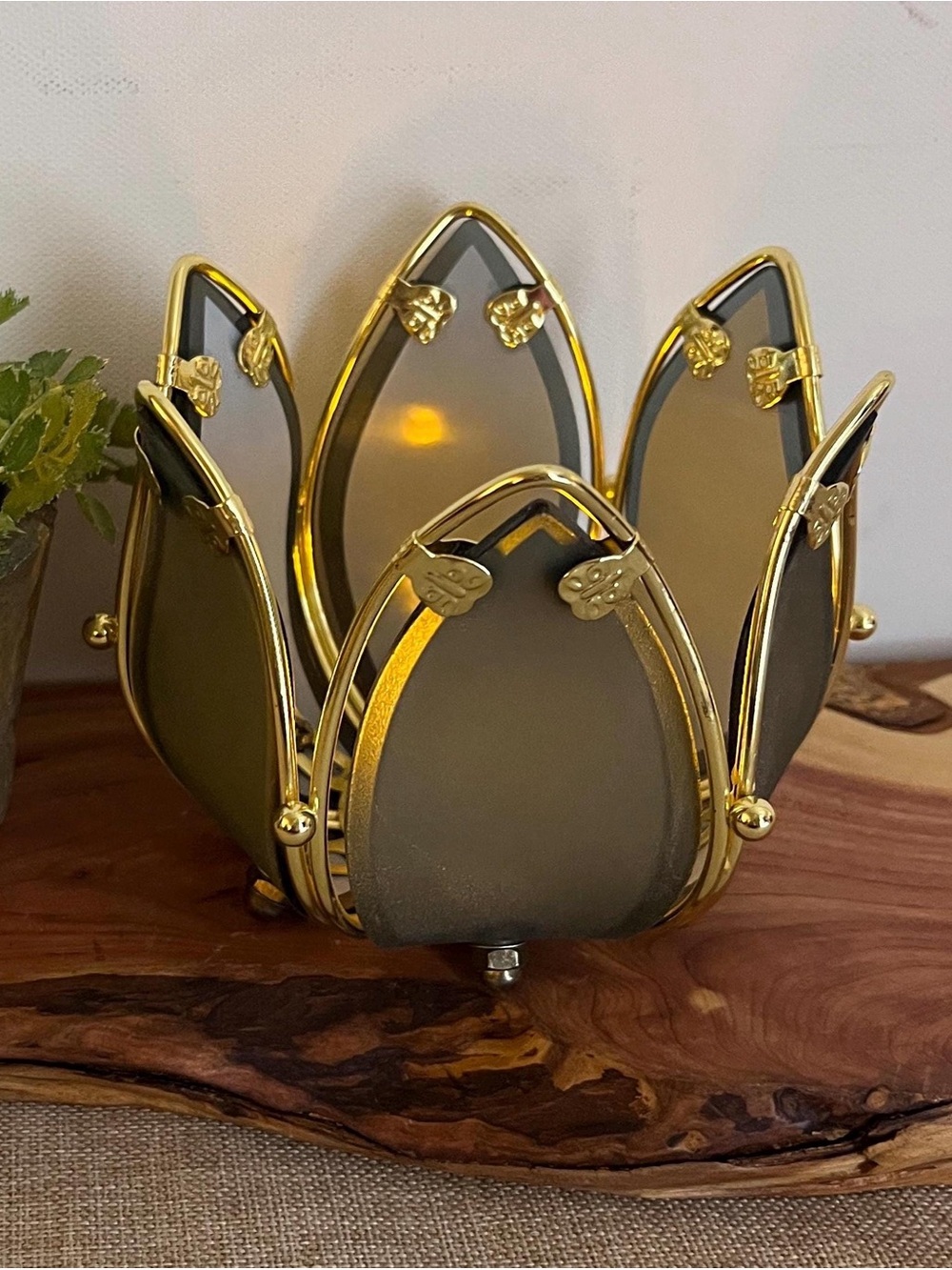 Vintage Lotus Flower Candle Holder with Brass Accents & Glass Paneling